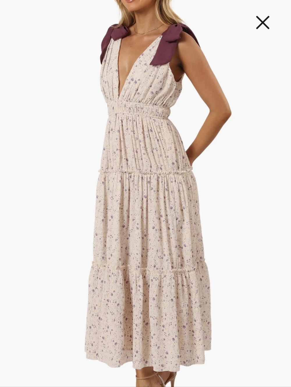 Storia Women’s Cream Lavender Floral Tiered Maxi Dress with Deep V Neck Large